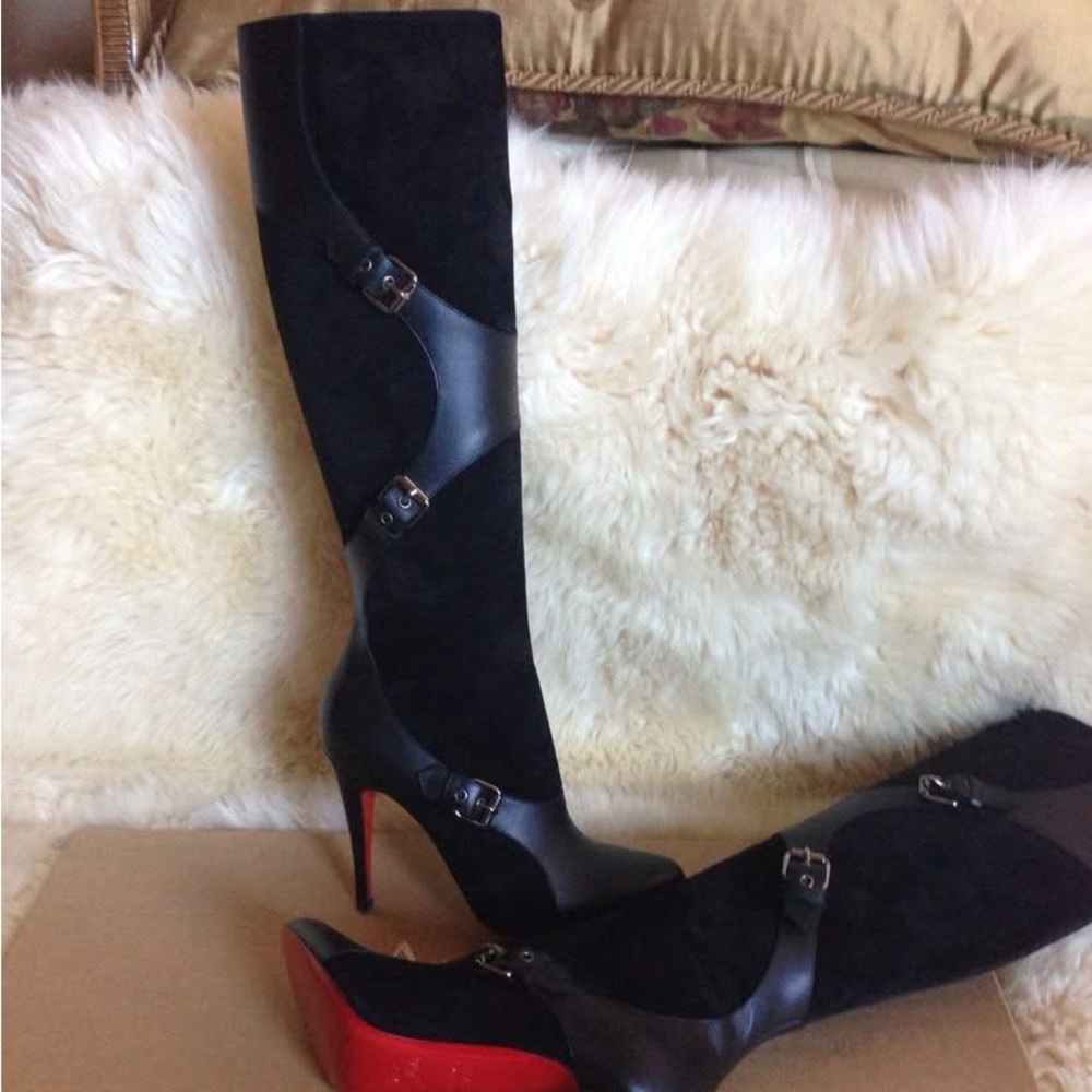 CHRISTIAN LOUBOUTIN Black Leather And Suede Buckle Detail Knee High Boots